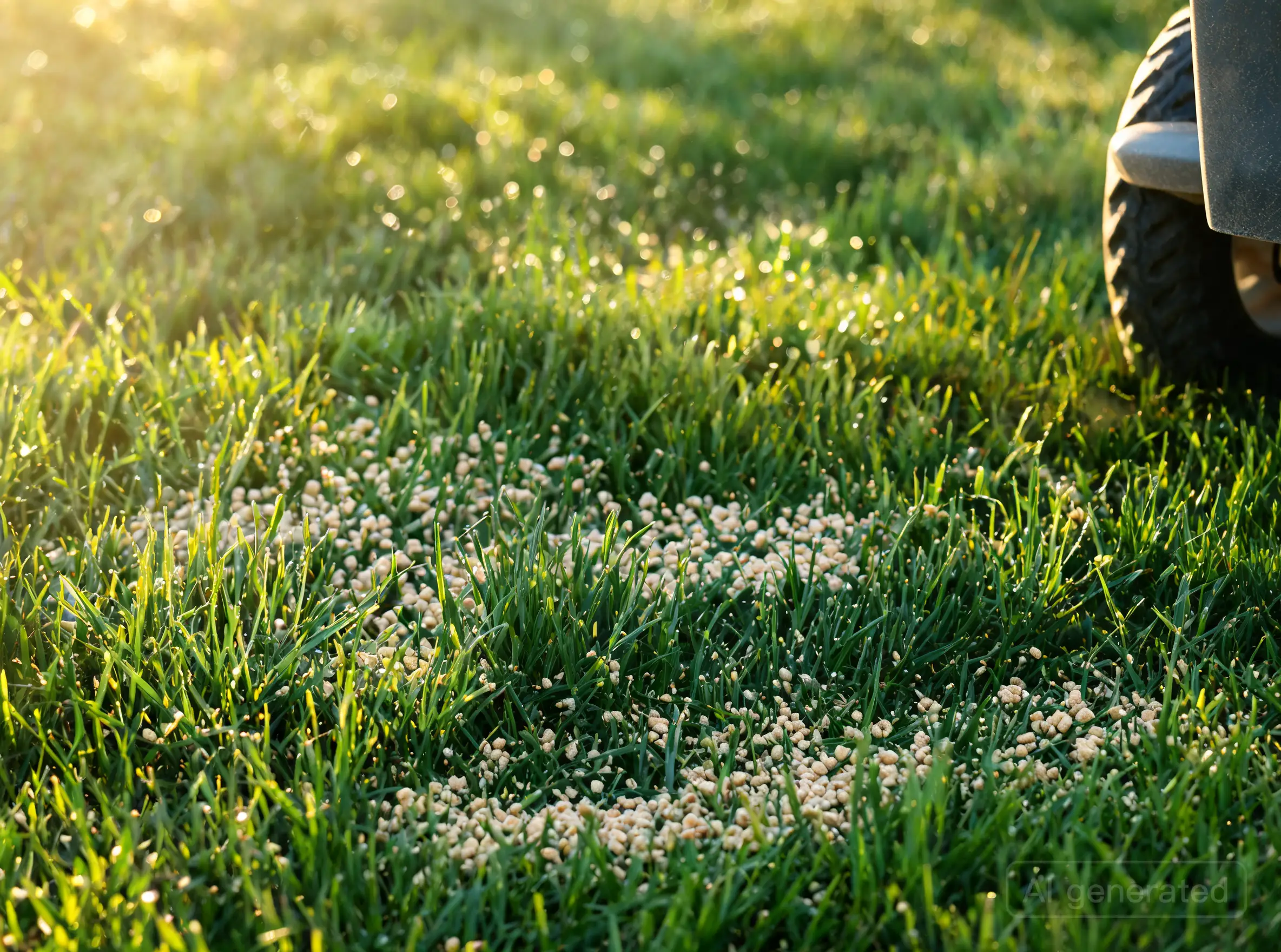 A broadcast spreader applying fertilizer to a green bluegrass lawn in Saskatoon, SK