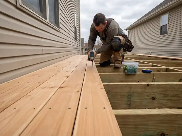 A deck builder fastening cedar decking to the joists of a new back yard deck in Saskatoon, SK