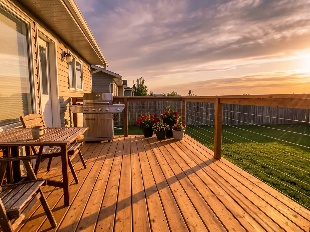 Cedar deck boards and railing on a completed deck build in Saskatoon, SK, looking out over the back yard