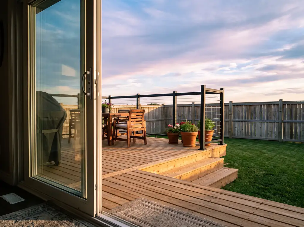 A finished cedar deck with cable railing and patio furniture at the back of a Saskatoon, SK home