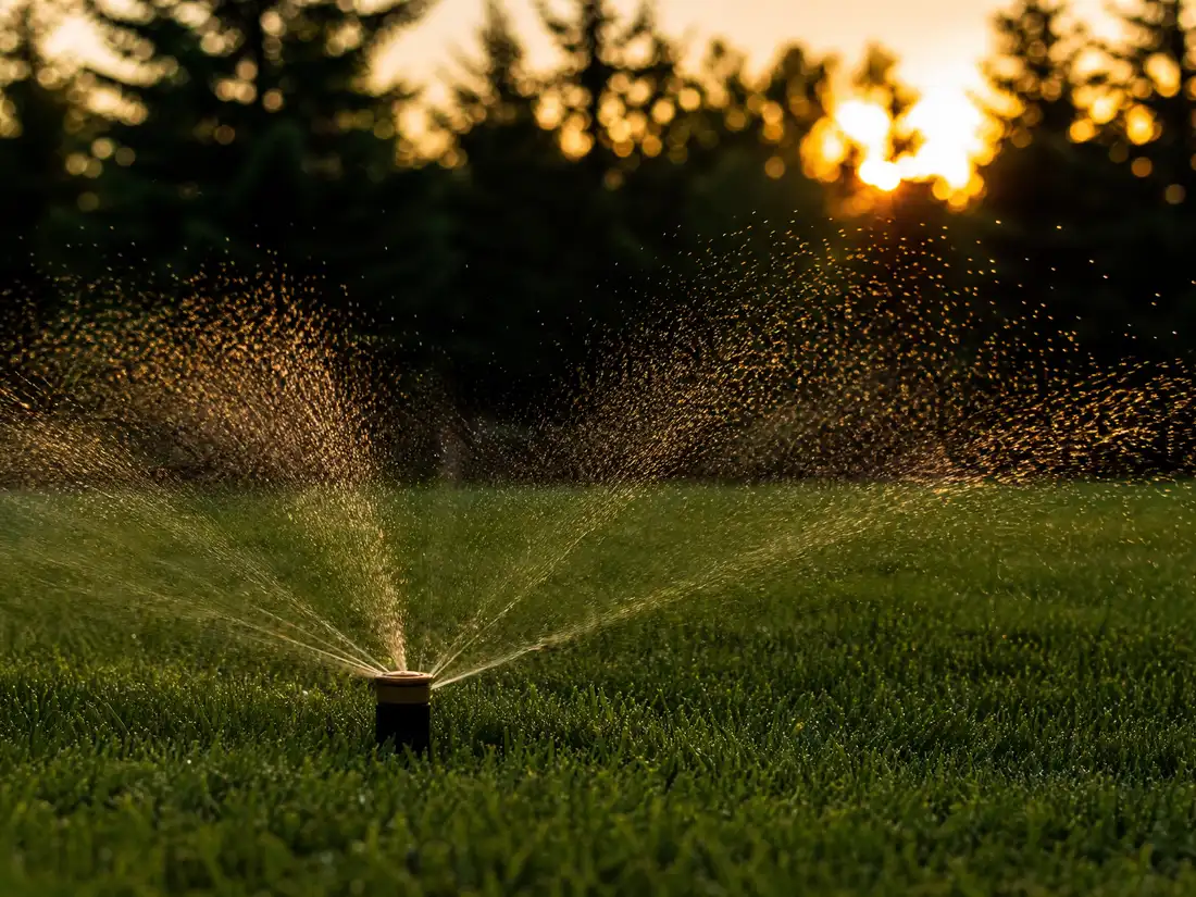 A pop-up sprinkler head watering a green lawn at dusk in Saskatoon, SK