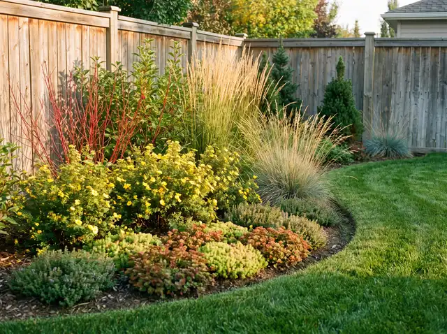 A designed back yard with layered prairie-hardy planting beds in Saskatoon, SK
