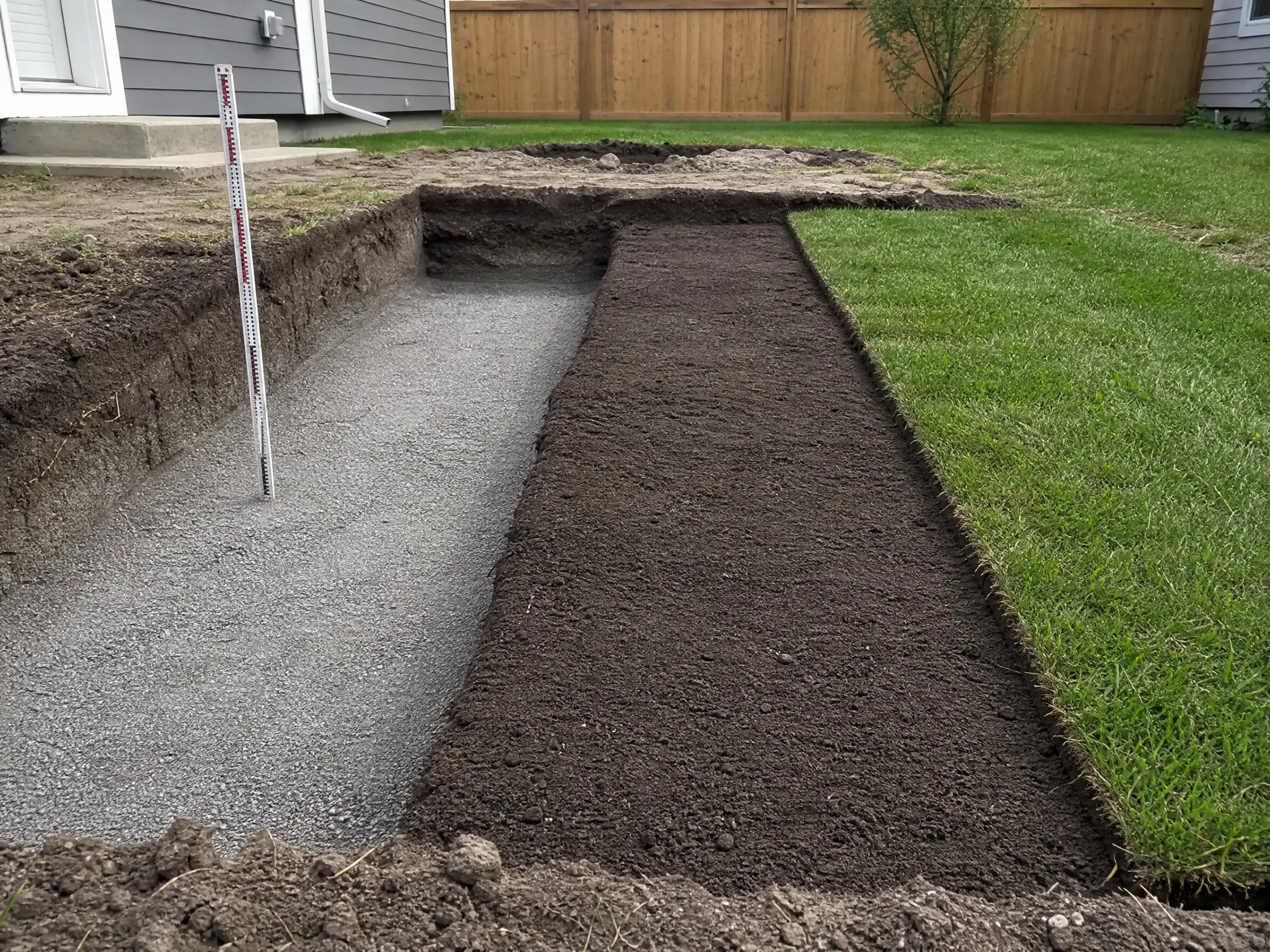 A partially completed yard install showing topsoil, base gravel and new sod in Saskatoon, SK