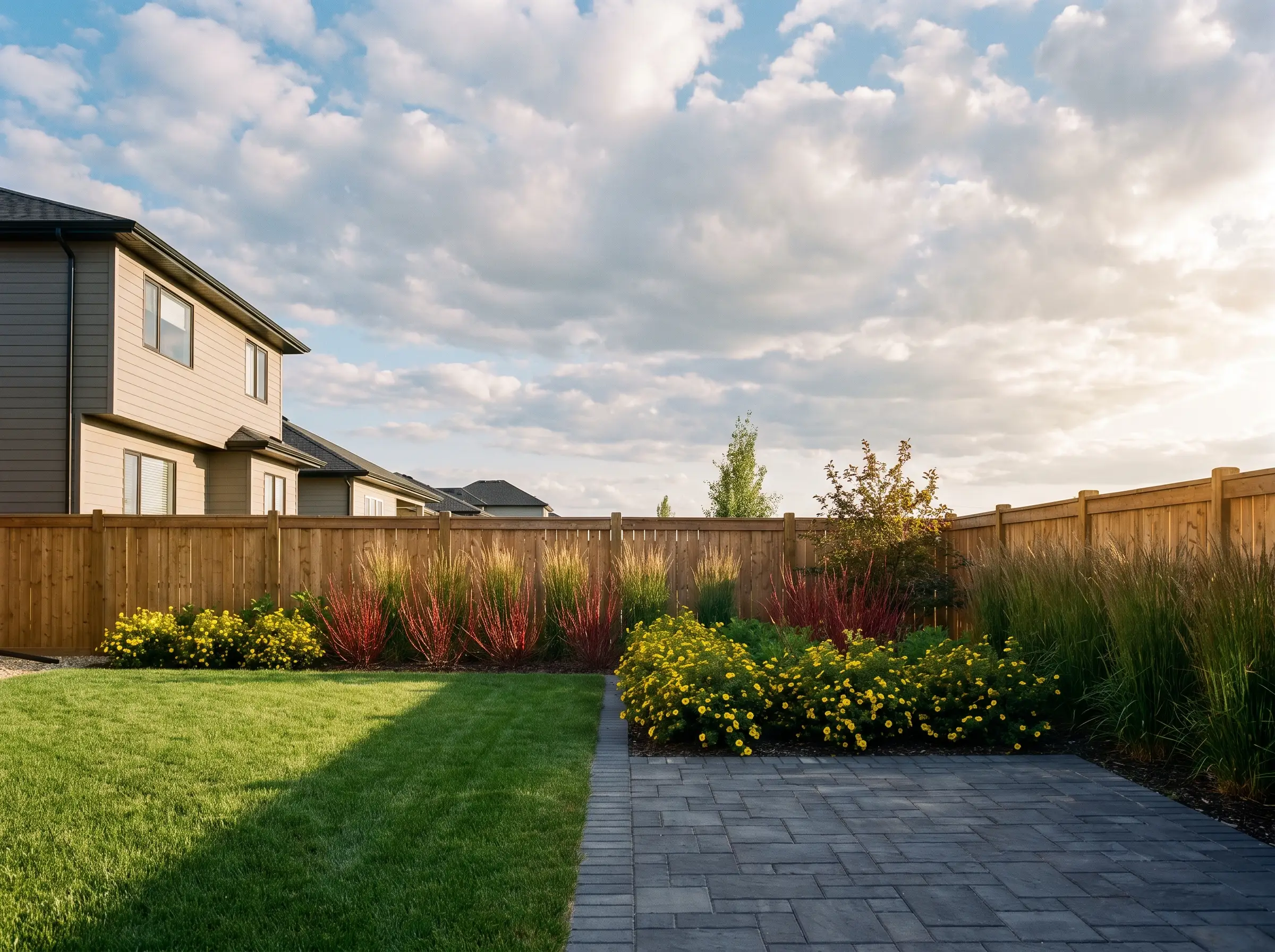 A finished residential landscape with lawn, paving stone patio and hardy shrub beds in Saskatoon