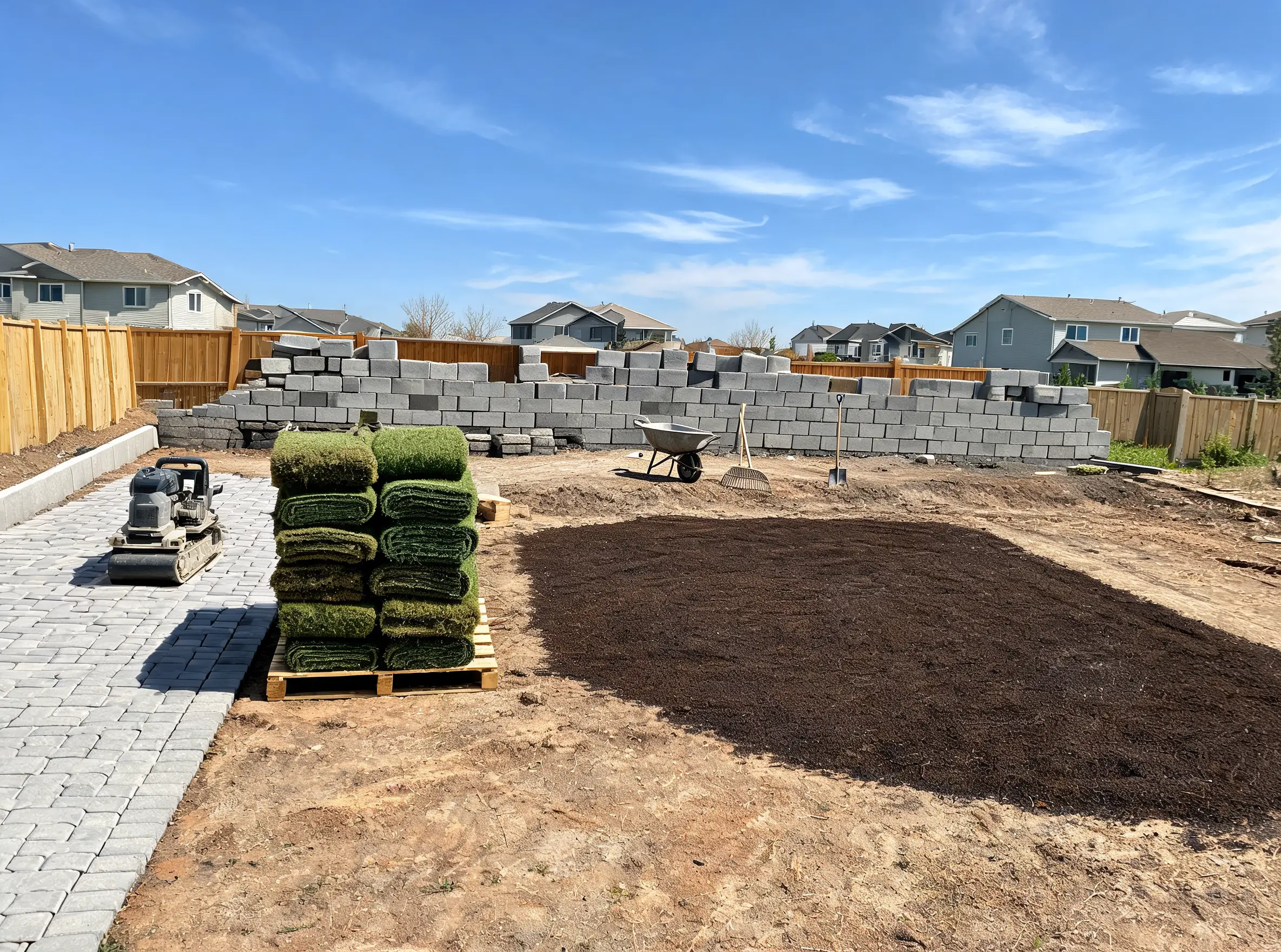 A crew laying paving stones and sod on a residential property in Saskatoon, SK