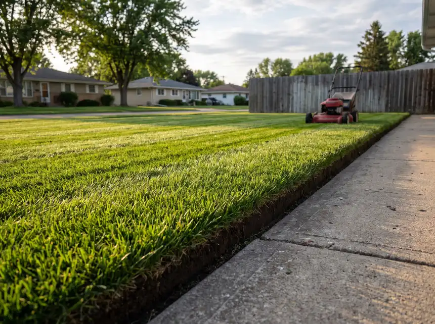 A freshly mown residential lawn with clean edges in Saskatoon, SK