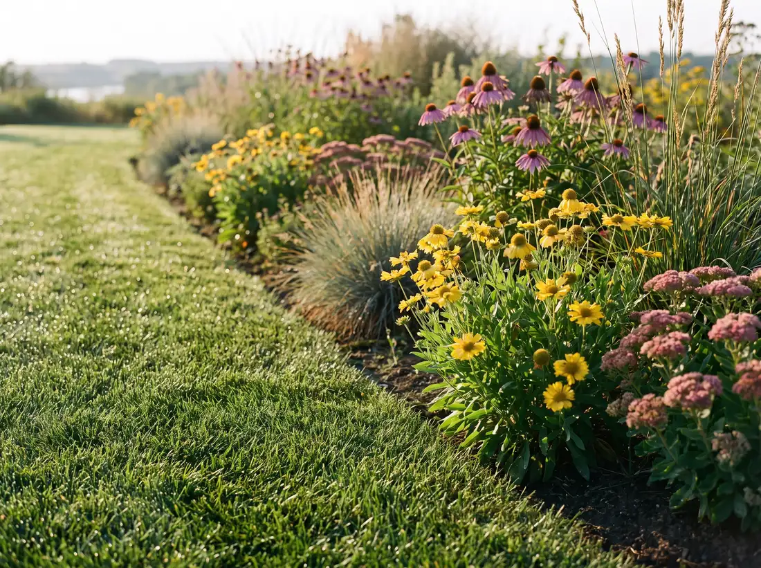 A healthy bluegrass lawn beside a prairie garden bed in Saskatoon, SK