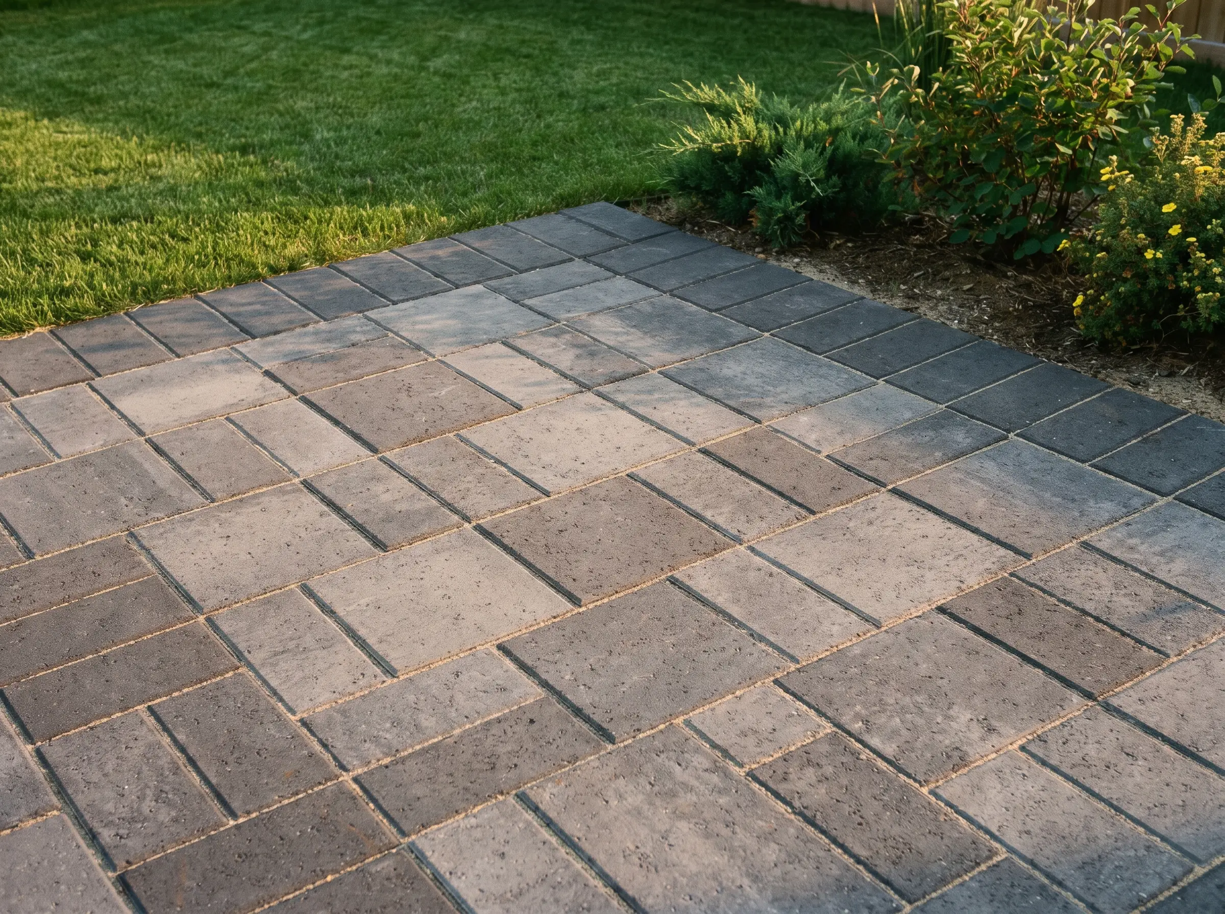 A newly laid paving stone patio with a soldier course border in Saskatoon, SK