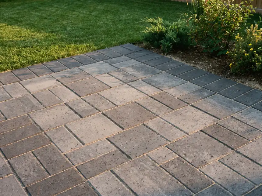 A newly laid paving stone patio with a soldier course border in Saskatoon, SK