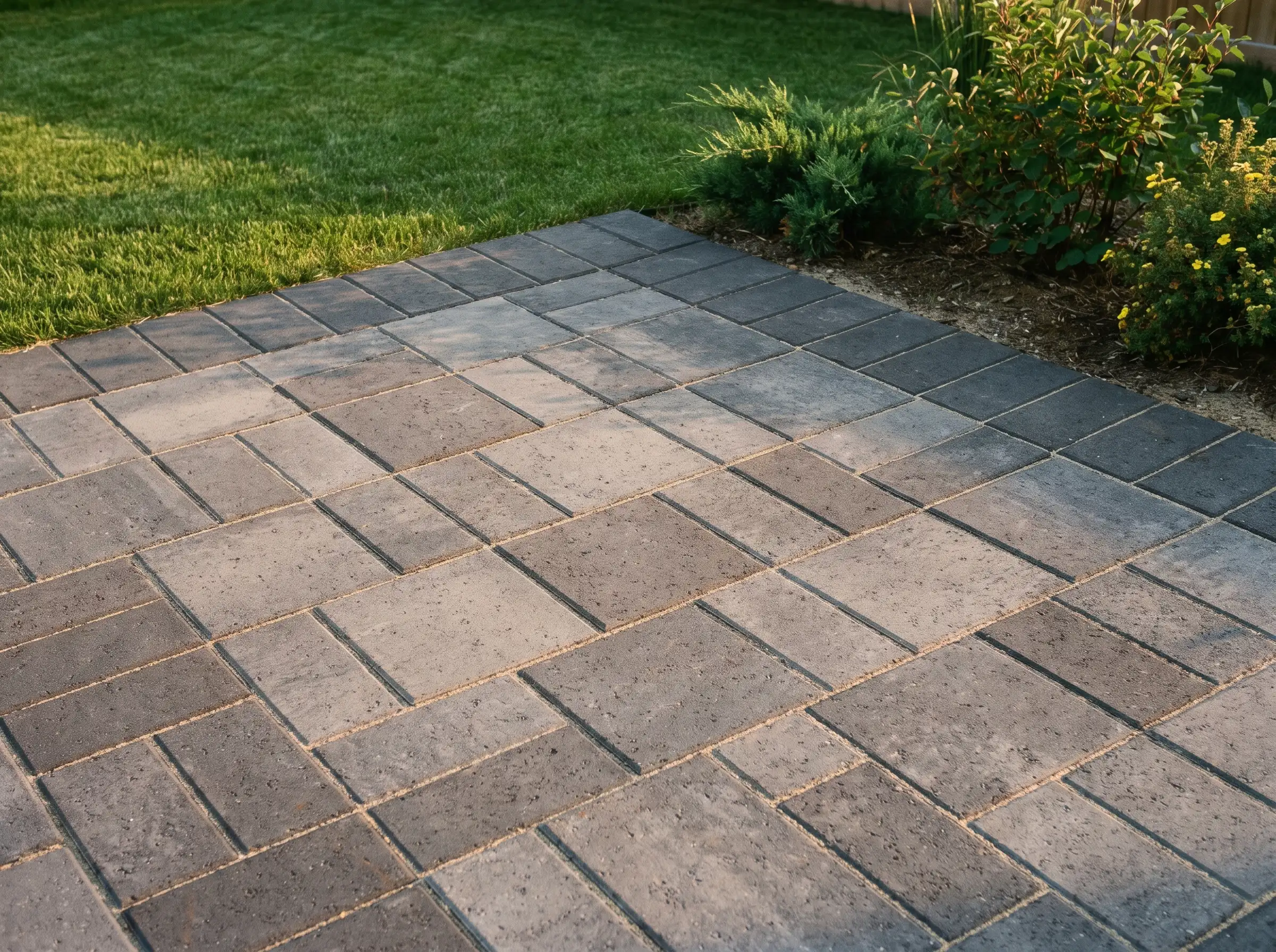 A newly laid paving stone patio with a soldier course border in Saskatoon, SK