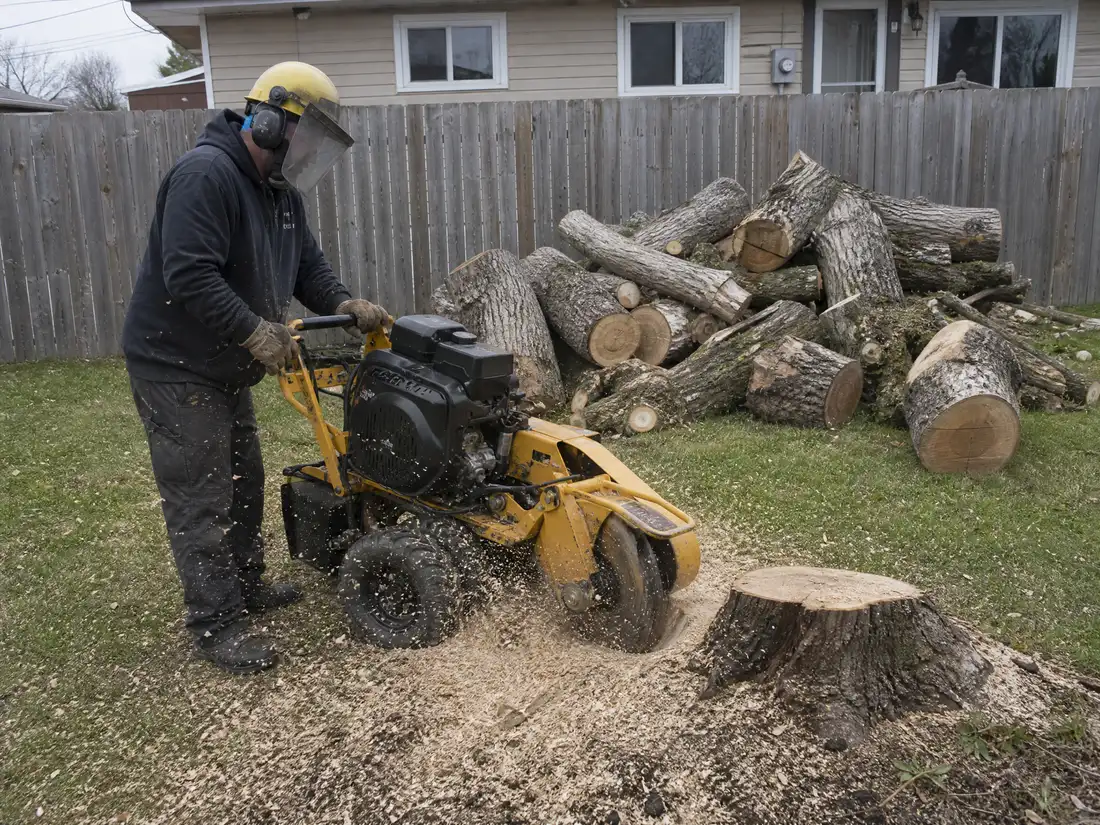 Stump grinding after a poplar tree removal in a Saskatoon, SK back yard, with cut trunk logs stacked on the lawn