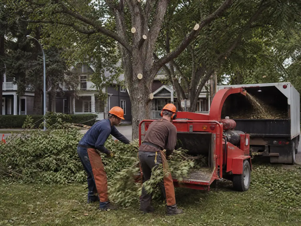 A tree trimming crew feeding cut elm branches into a wood chipper in Saskatoon, SK