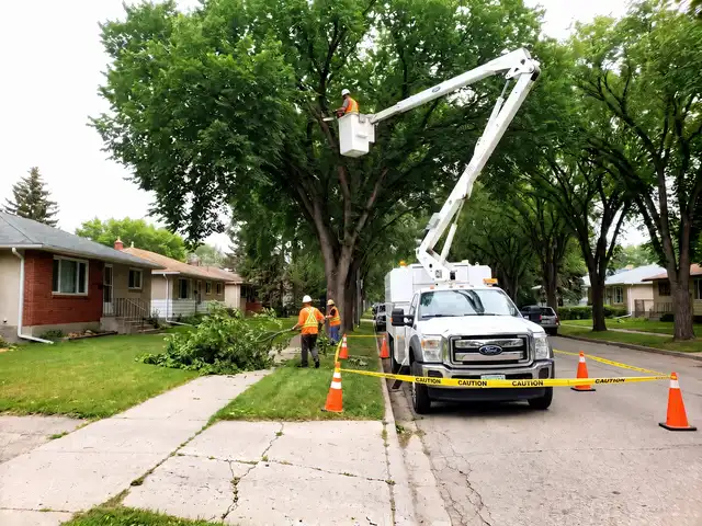 A tree trimming and removal crew working from a bucket truck in a boulevard elm in Saskatoon, SK