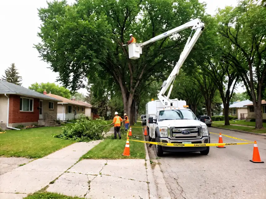 A tree trimming and removal crew working from a bucket truck in a boulevard elm in Saskatoon, SK
