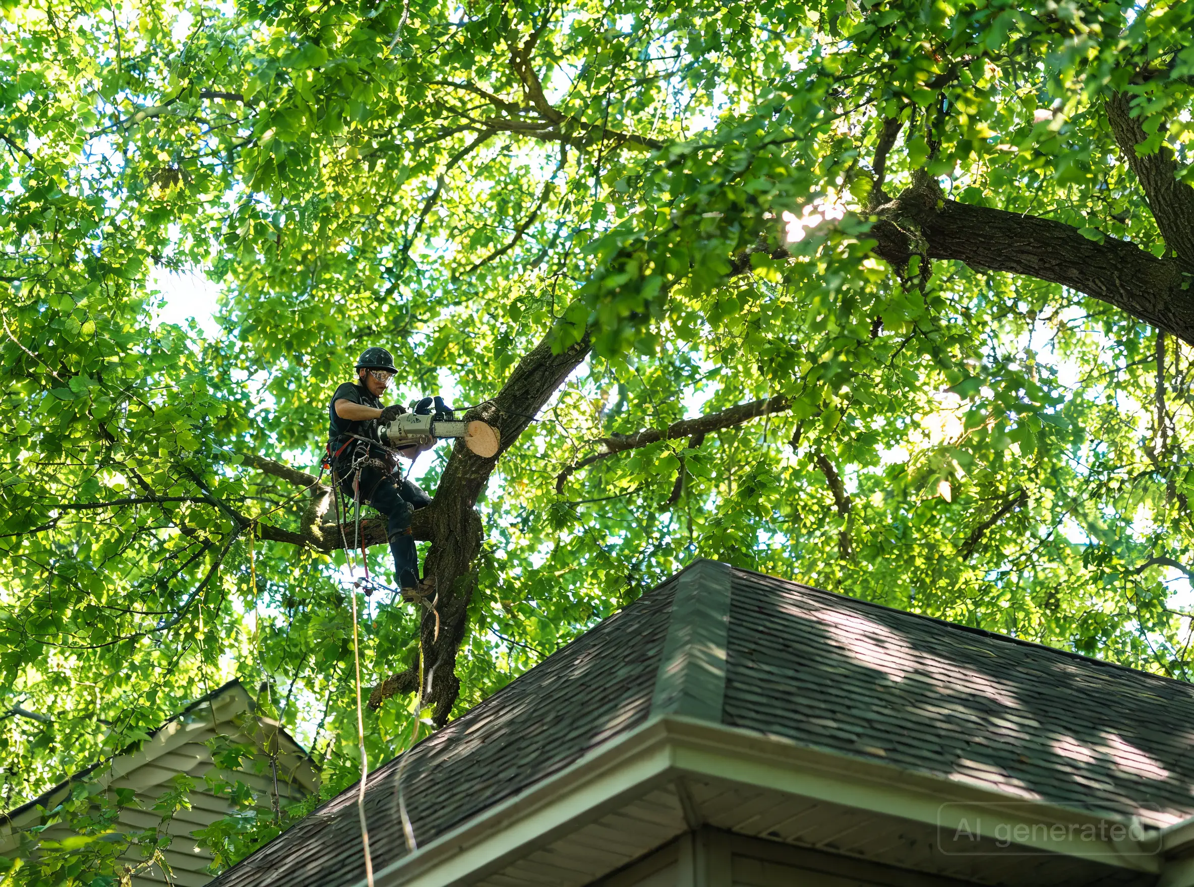 An arborist pruning a large elm branch above a house in Saskatoon, SK