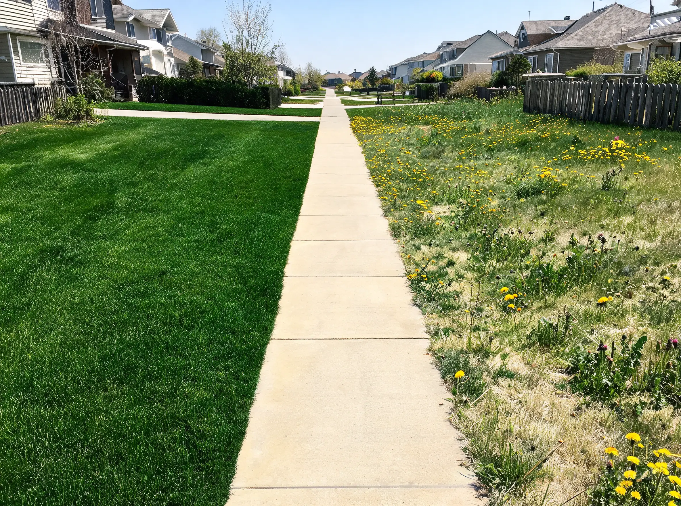 A dense weed-free bluegrass lawn beside a dandelion-infested one in Saskatoon, SK