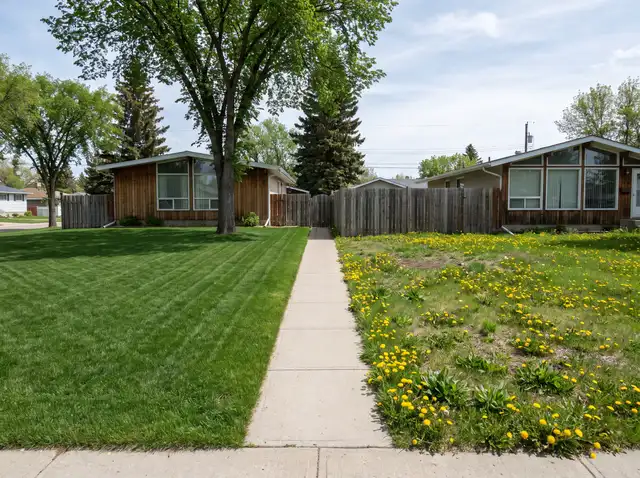 A dense weed-free bluegrass lawn beside a dandelion-infested one in Saskatoon, SK