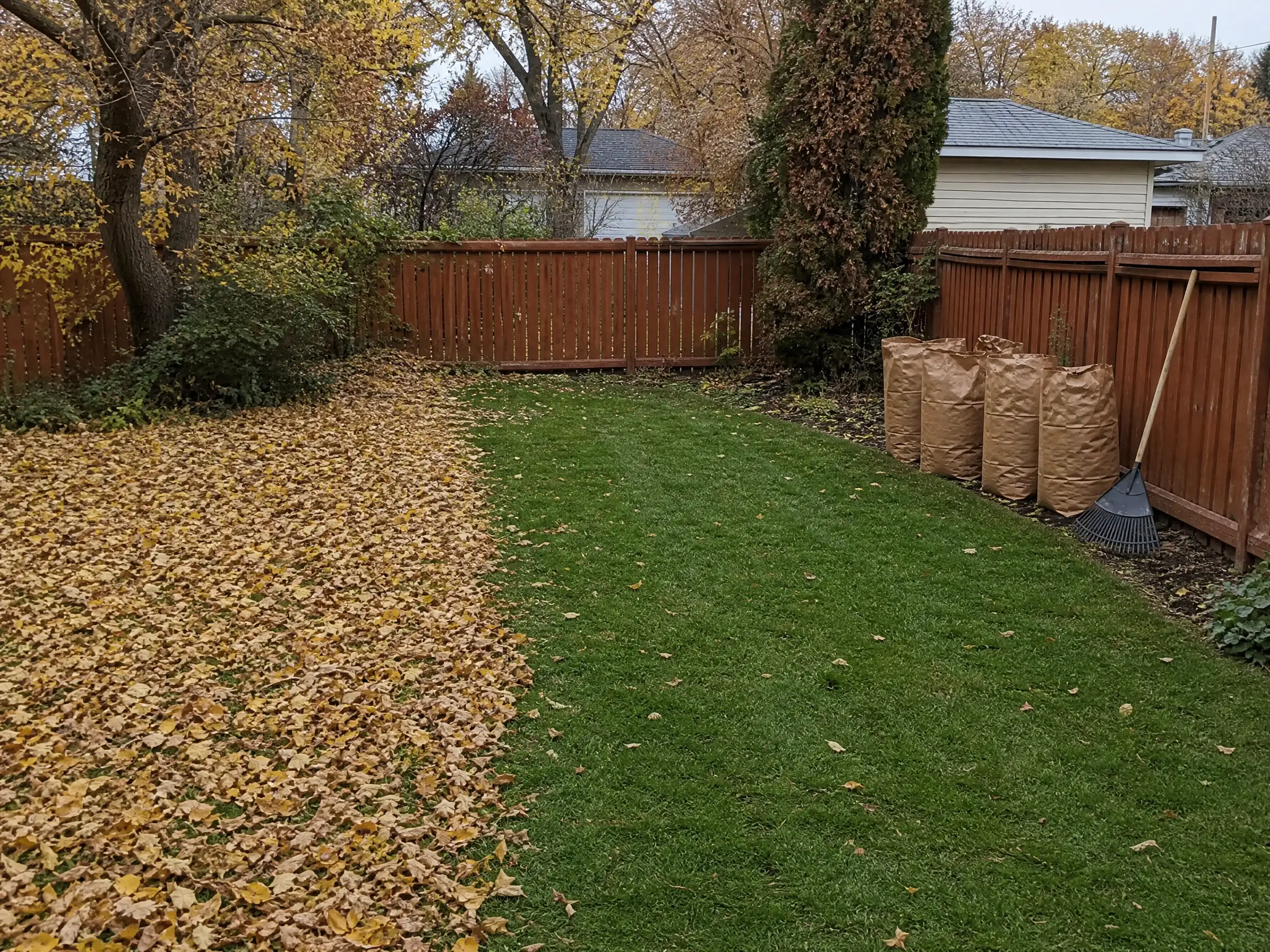 A raked and cleared back yard with bagged leaves in autumn in Saskatoon, SK